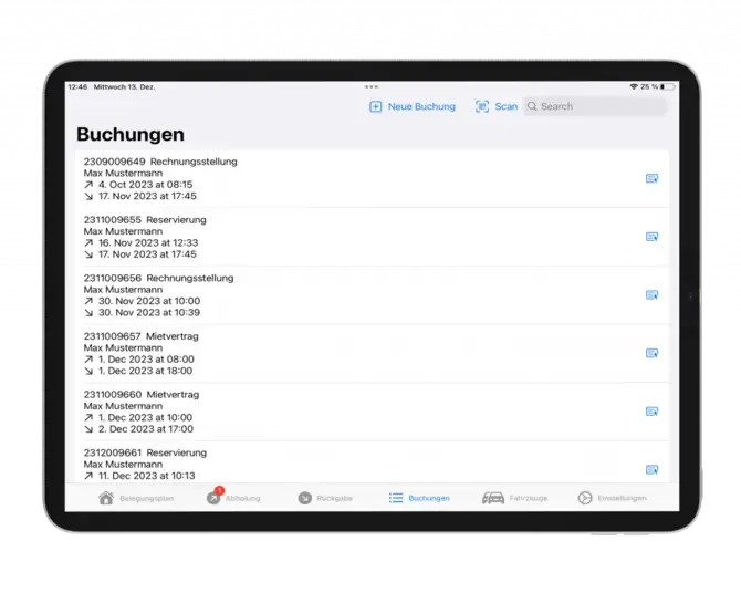 Booking overview with selection option