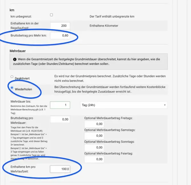 Activate extra duration and mileage calculation
