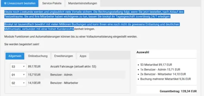 Testaccount-Bestellung und monatliche Beträge