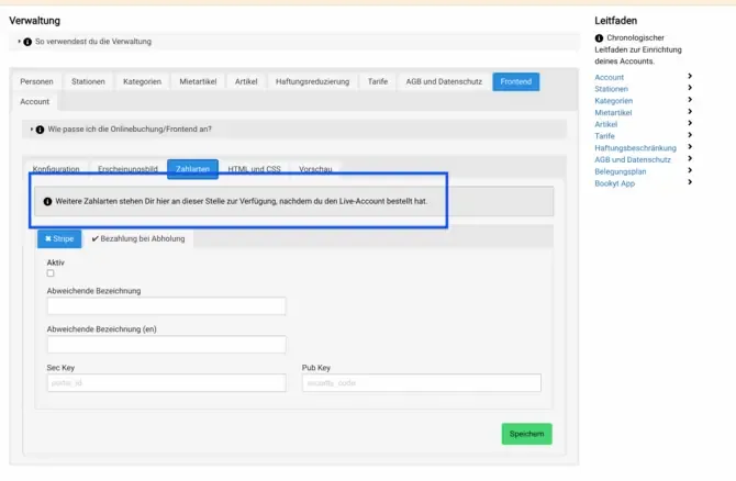 Verfügbare Online-Zahlarten im Testaccount